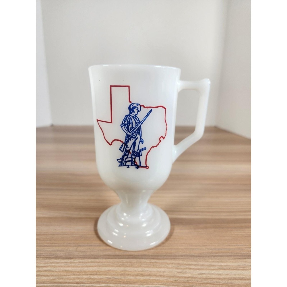 Vintage Texas Guard Footed Mug Milk Glass Red Blue Graphics 8 Oz Army Air Force